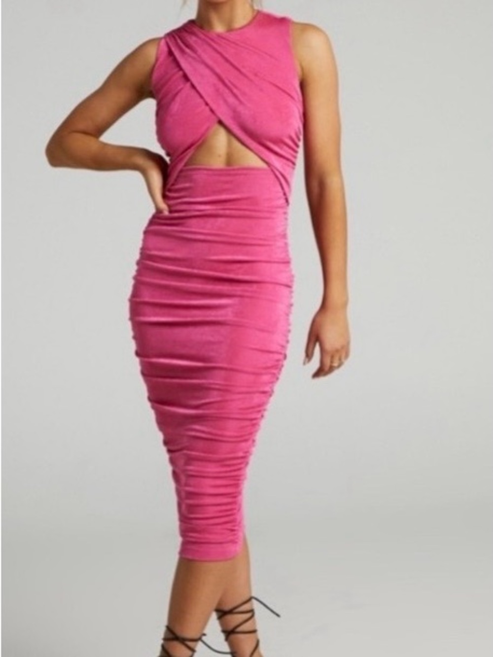 Showpo Hot Pink Twisted Cutout Ruched Midi Dress
